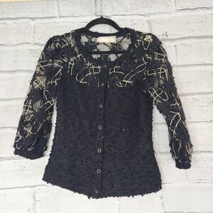 Areve Sequin Embellished Button Front Sheer Lace Cardigan Sweater Black Medium